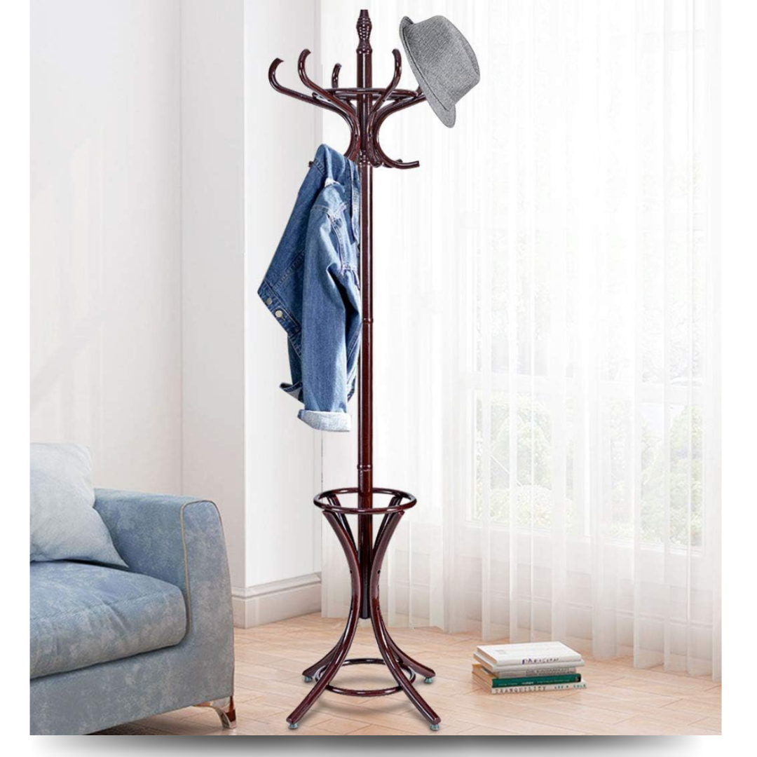 Standing Coat Rack with 12 Hooks & Umbrella Holder